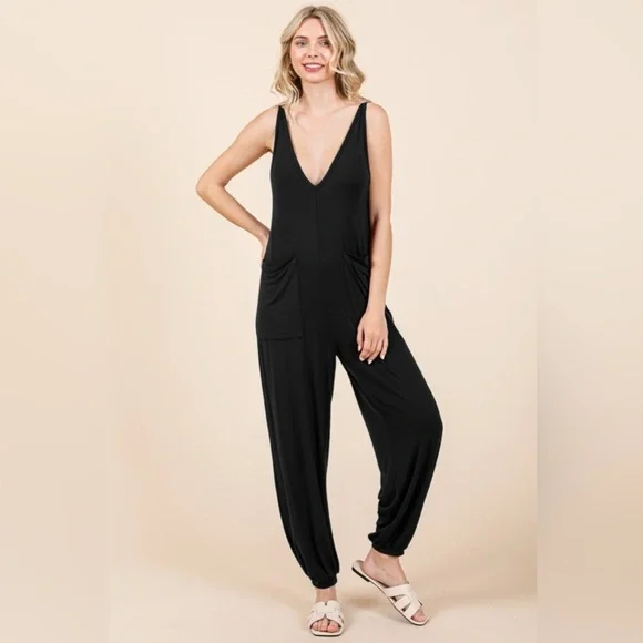 Culture Code Full Size Plunge Sleeveless Jumpsuit with Pockets
